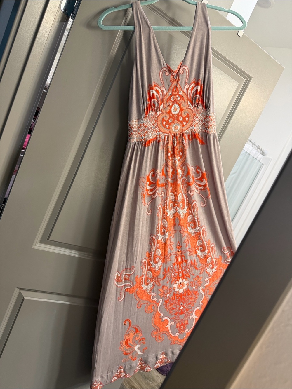 INC International Concepts Taupe Maxi Dress with Orange Paisley Detail
